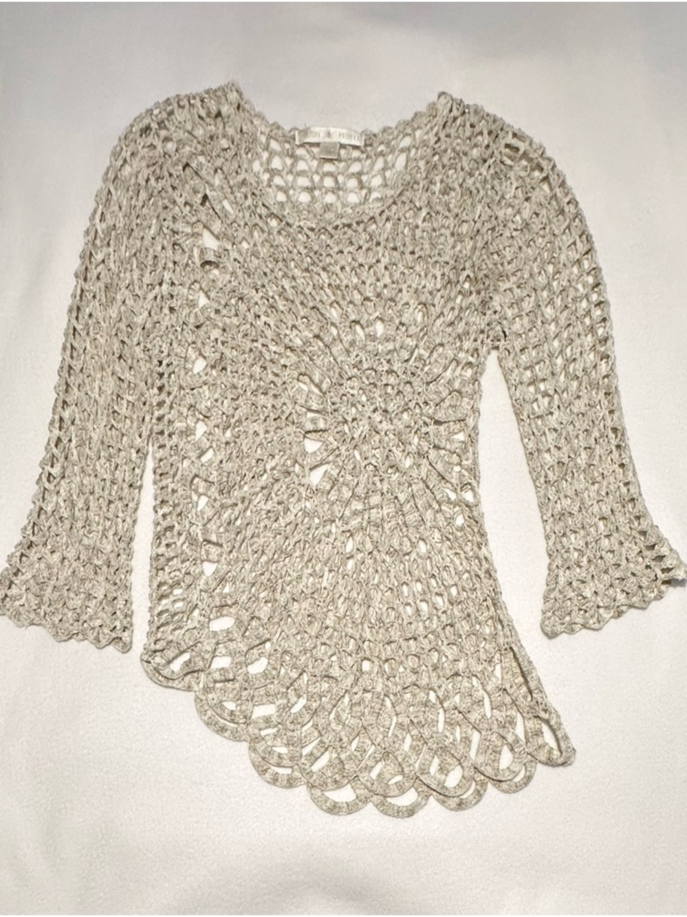 Boston Proper Y2K Boho Beige Open-Weave Crochet Cottagecore Sweater, Size S